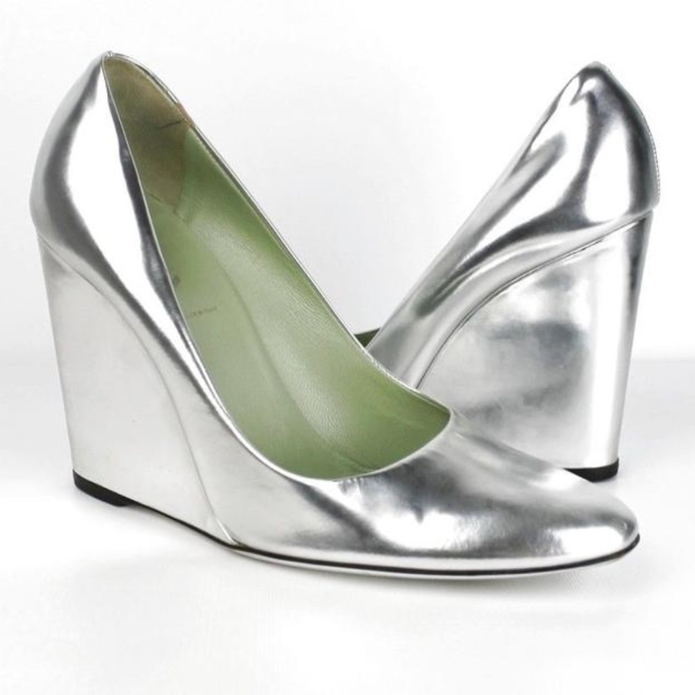 Prada Silver Leather Pump Wedges Size 38.5 $650